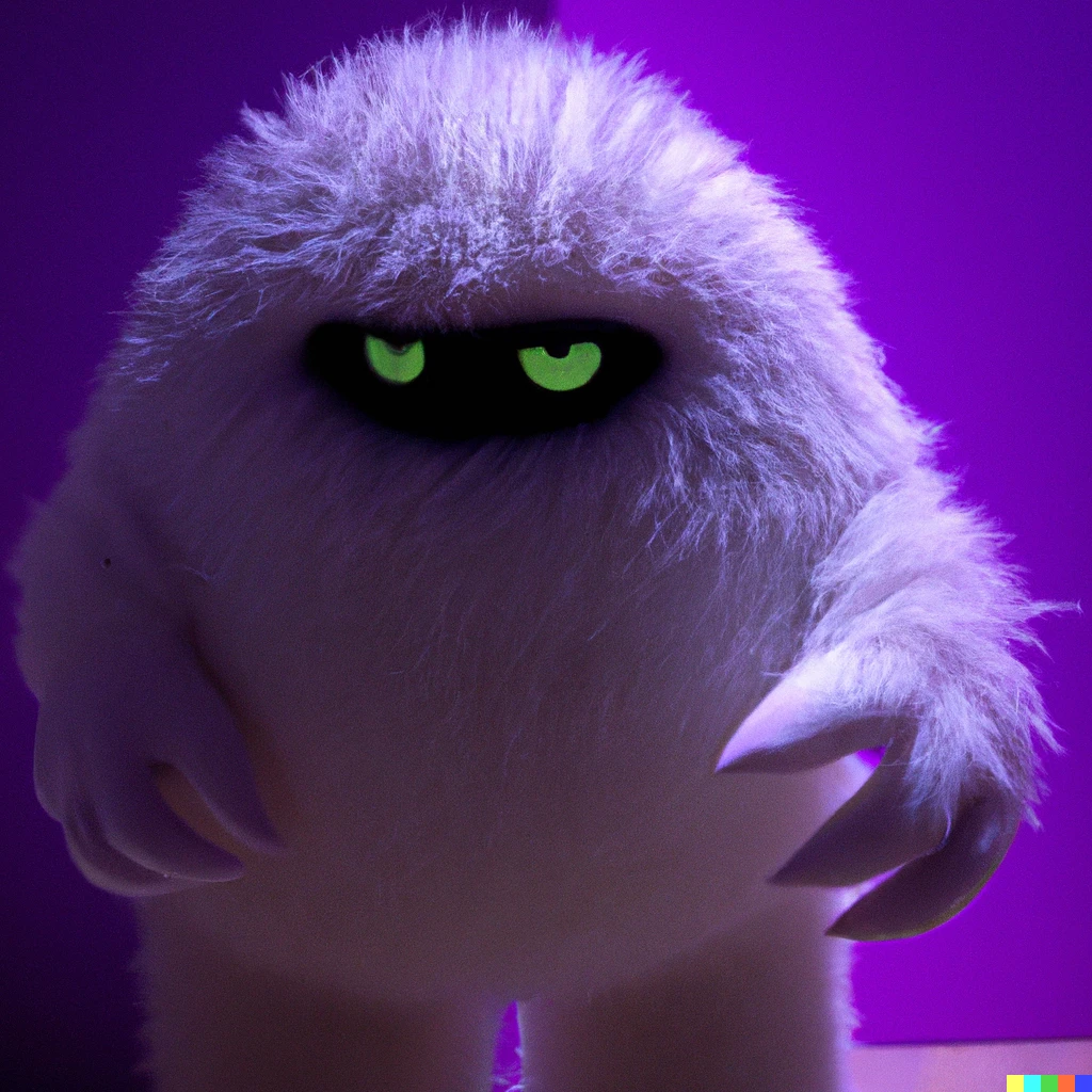 A photo of a white fur monster standing in a purple room